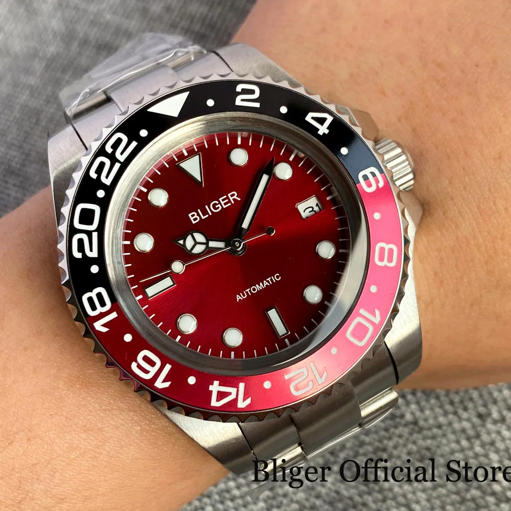 BLIGER Sunburst Red Dial 43mm Automatic Men Watch NH35A PT5000 Movement Steel Band Glide Lock Clasp Screw Crown