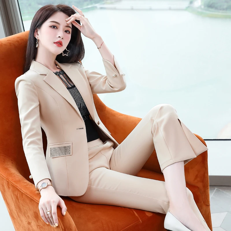 Novelty Red Professional Formal Women Business Suits Long Sleeve Autumn Winter Uniform Designs Pantsuits Female Blazers Set