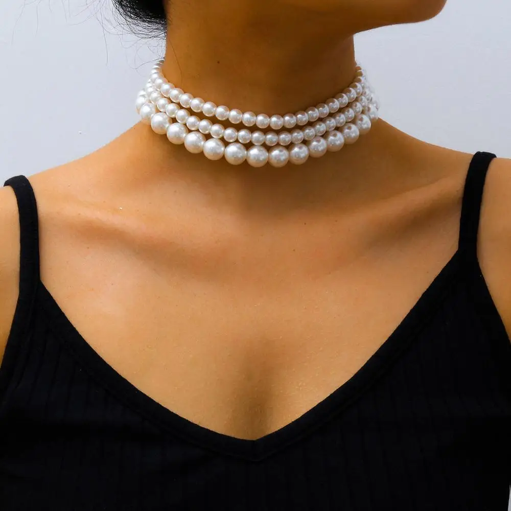 Collier de perles blanches multicouches pour femmes, perle, court, clavicule, breloque, bijoux de banquet, JOPunk, mariage, filles