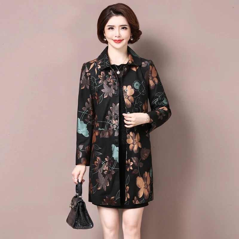 2022 Womens Spring Autumn New Print Large Size Fashion Long Jackets Office Lady Turn-Down Collar Single Breasted Outerwear