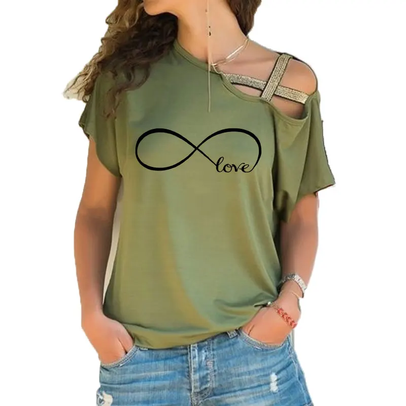 Summer New Girl Infinity Symbol Word Love print tshirt Fashion Women Short sleeve Irregular Skew Cross Bandage Tees Tops