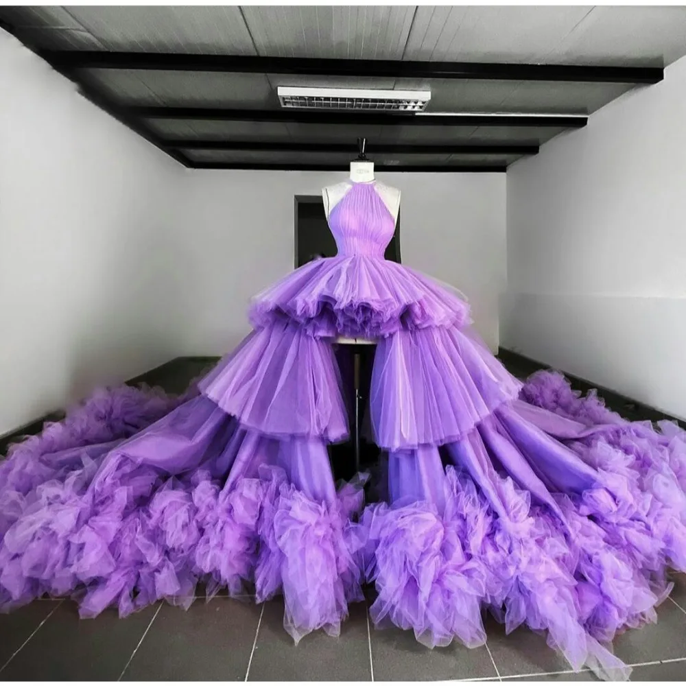 Fashion Purple High/Low Children Prom Dresses Elegant Halter Tiered Ruffles Peat Organza Party Gowns Court Train Evening Dress