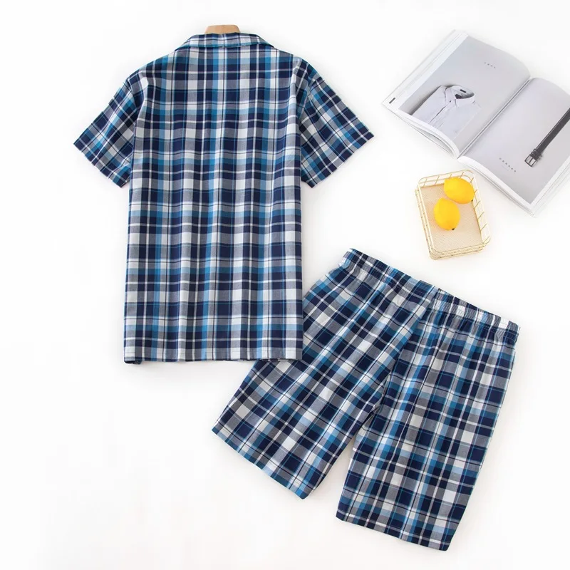 Summer Men Casual Plaid Pajama Sets Male 100% Cotton Sleepwear Suit Men Turn-Down Collar Short Sleeve Shirt & Half Pants