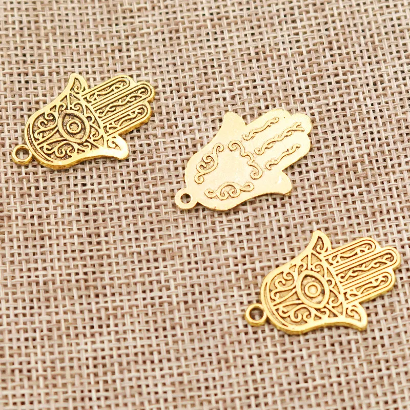 10pcs / lots Charms Hamsa Palm Fatima Hand Protection 28x19mm Antique Gold Color Pendants Making DIY Metal Handicraft Finding