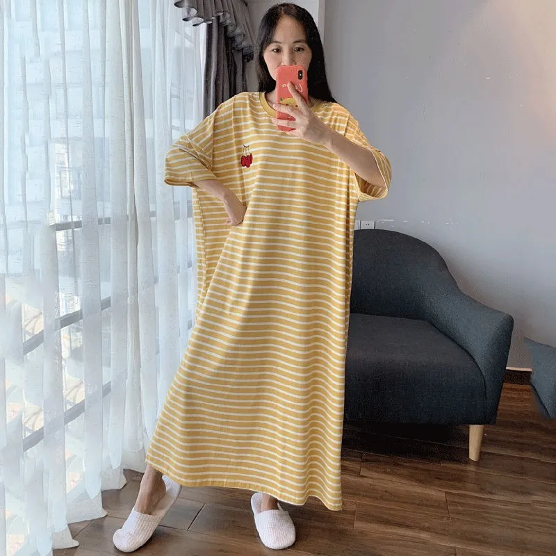 6XL Women Short Sleeve Homewear Nightdress Striped Nightwear Home Dressing Gown Summer New Robe Long Nightgown