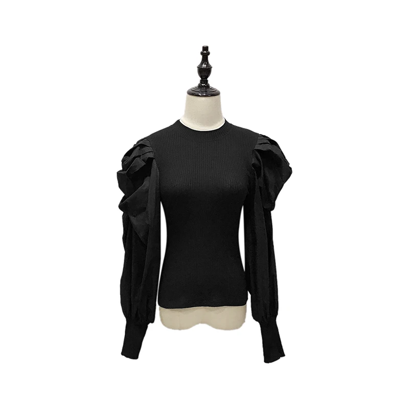 IHOBBY-suéter de manga abombada para mujer, Jersey ajustado de punto, cuello redondo, retales, moda urbana, Blusas, moda coreana