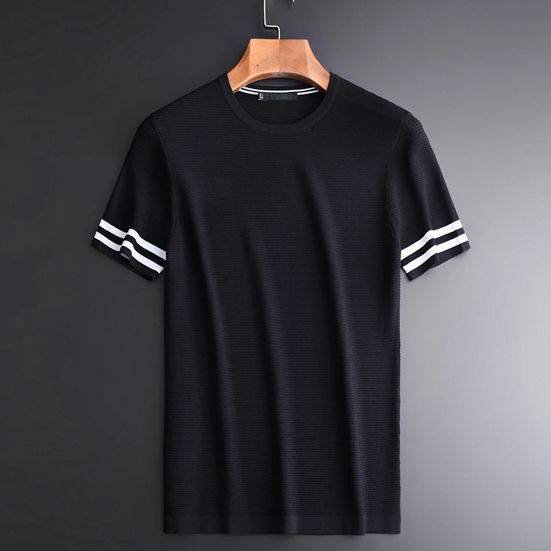 Mens T-shirts Luxury Knitted Stripe Round Collar Men Plus Size 4xl Summer Short Sleeve Elastic Fabric Man T-shirt