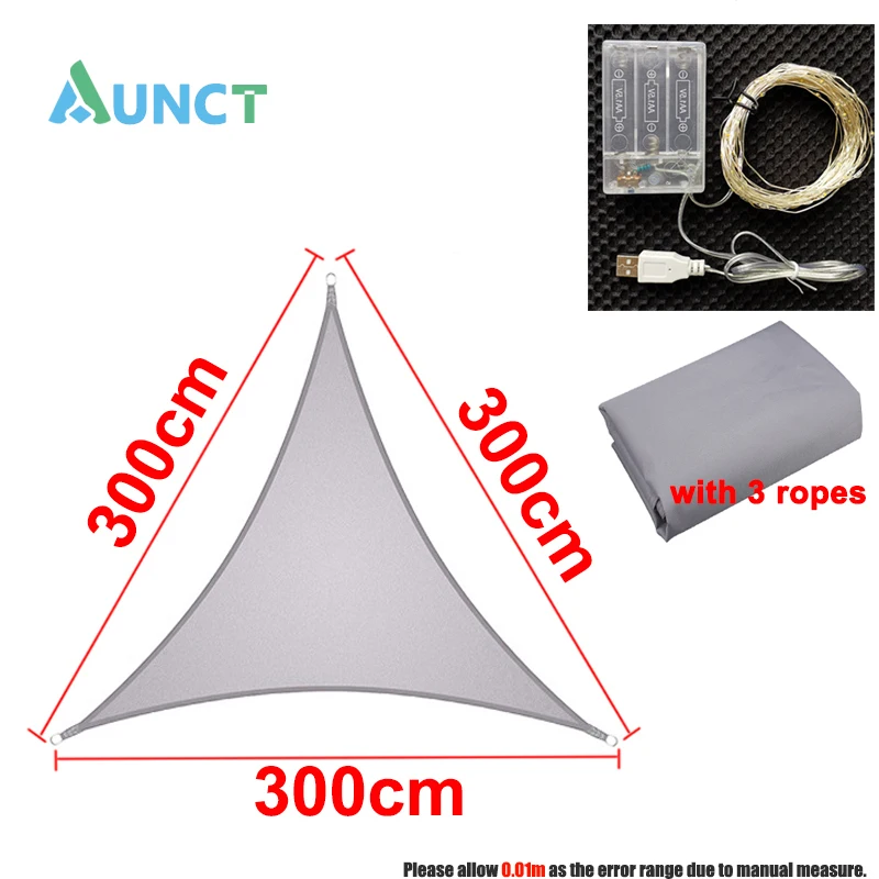 3x3x3M trójkąt żagiel przeciwsłoneczny LED światła String markizy odkryty wodoodporny romantyczny ciepły tkanina Oxford parasol przeciwsłoneczny