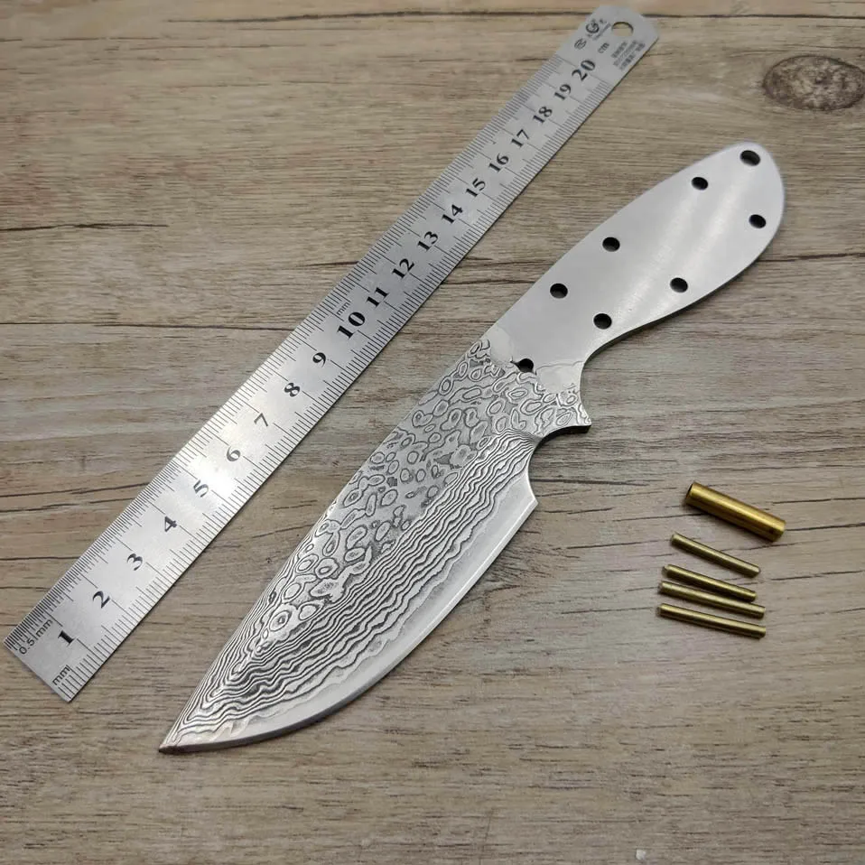 DMDIY-08 Dropship Damascus Steel  Fixed Blade Straight Knife Diy Semi-finished Outdoor Camping Knife Blanks Copper Nails