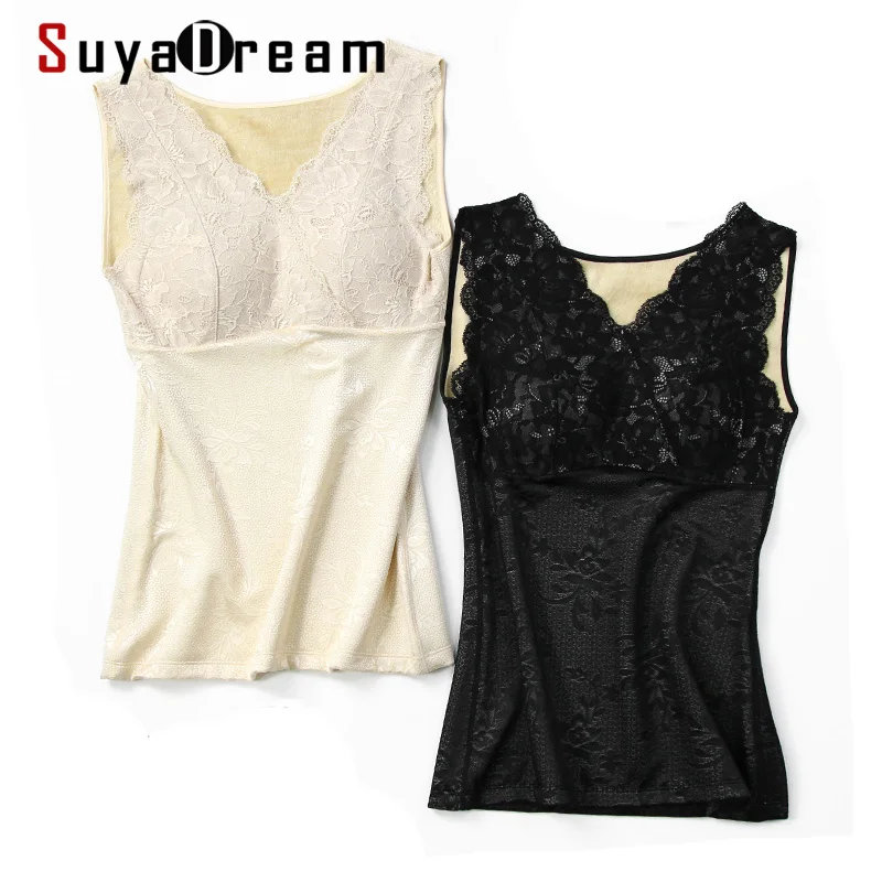 SuyaDream 100%REAL SILK Lining Women Lace Bustiers Slimming Padded Bra Corsets Comfortable Warm Fleece Tanks Nude Black