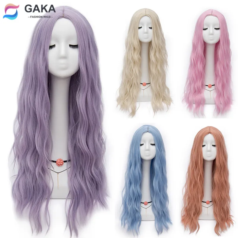 GAKA Long Curly Synthetic Wigs Heat Friendly Women\'s Pink Blonde Purple Cosplay Wig 27 Colors Natural Hair Daily Party Use