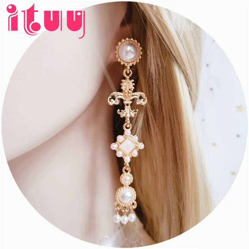 

Lolita Cosplay Baroque Retro Cross Tassel Pearl Earrings Ear Clip Wedding Fashion Earrings Jewelry For Women Girls Accessoryies