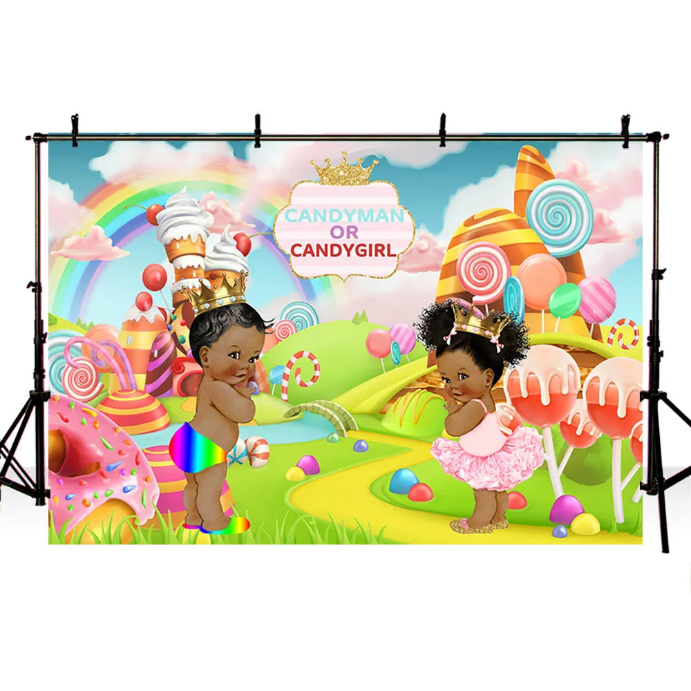 Avezano-Fondo de fotografía para niño o niña, telón de fondo con diseño de Piruleta de arcoíris y tierra de caramelo, para fiesta de revelación de género, decoración de fondo fotográfico