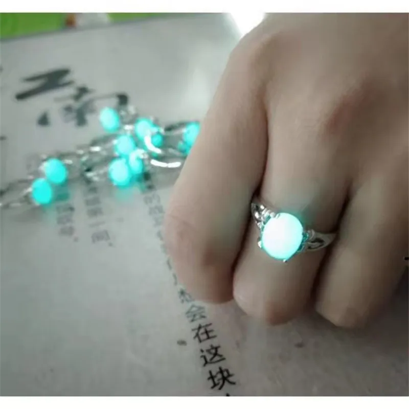 Glow In The Dark Rings Fluorescent Luminous Stone Silver Color Finger Ring For Women Men Jewelry