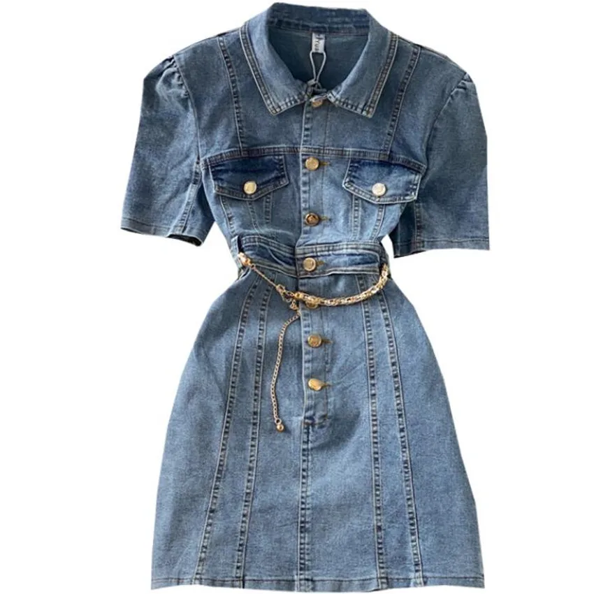 

summer puff sleeve denim dress women lapel French style package hip a-line dress