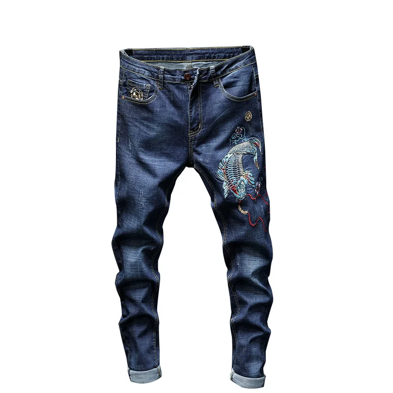 

Spring Mens Autumn Fashion Brand Japan Style Vintage Fish Embroidered Blue Denim Jeans Men Casual Slim Fit Tattoo Design Pants