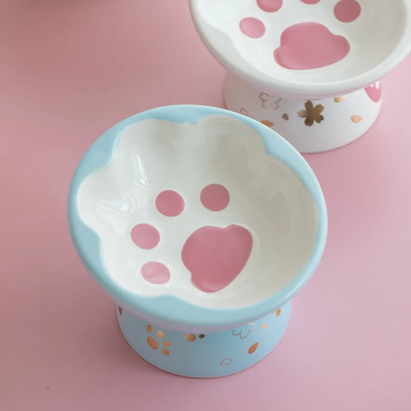 Ceramic High-foot Oblique Mouth Cat Bowl Pet Bowl Cute Paw Shape Pet Feeder Cat and Dog Food Bowl Cervical Spine Cat Food