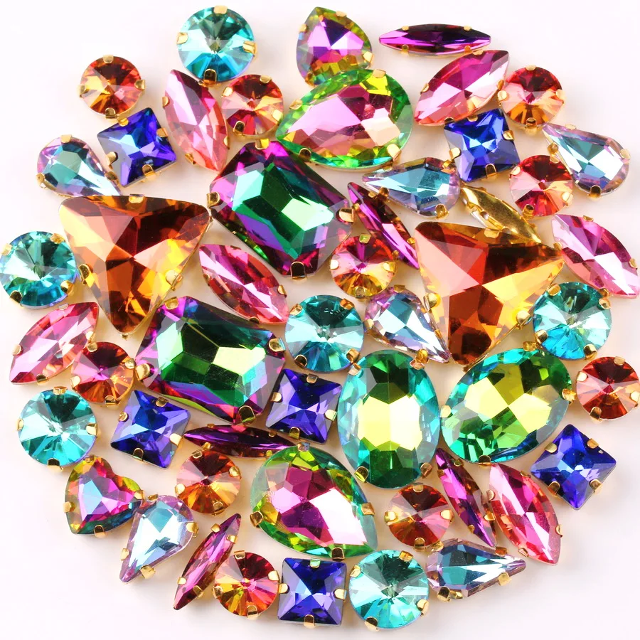 Goldene Krappenfassung 50 Stück/Beutel 11 Formen Mix AB Farben Glaskristalle zum Aufnähen Strass-Kristalle für Hochzeitskleider Schuhe Taschen DIY-Verzierung – Detail 7