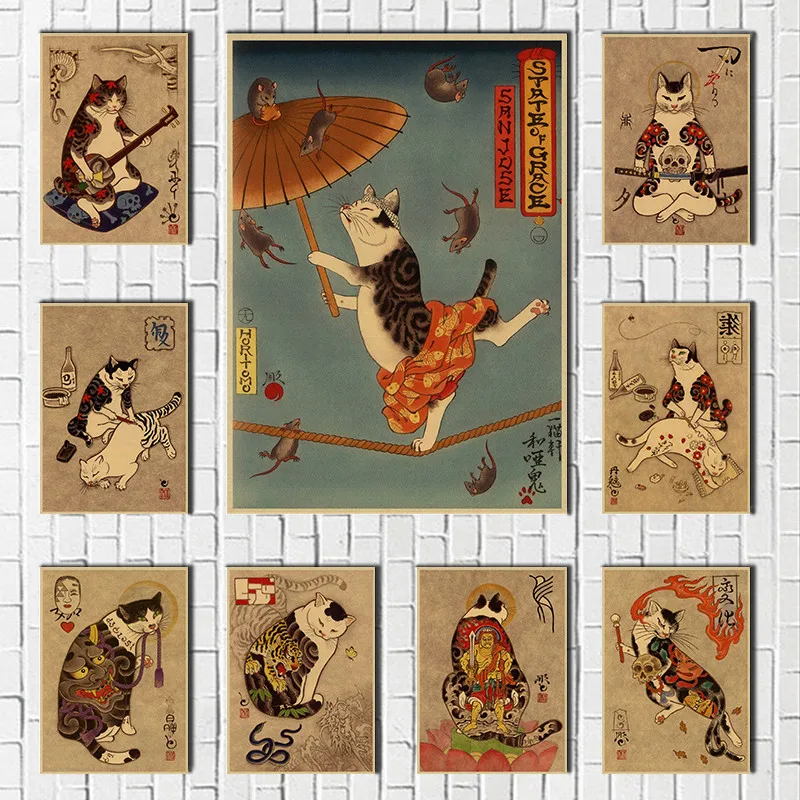 Japan Samurai cat cat tattoo kraft poster retro art wall art living room bedroom decoration Painting posters