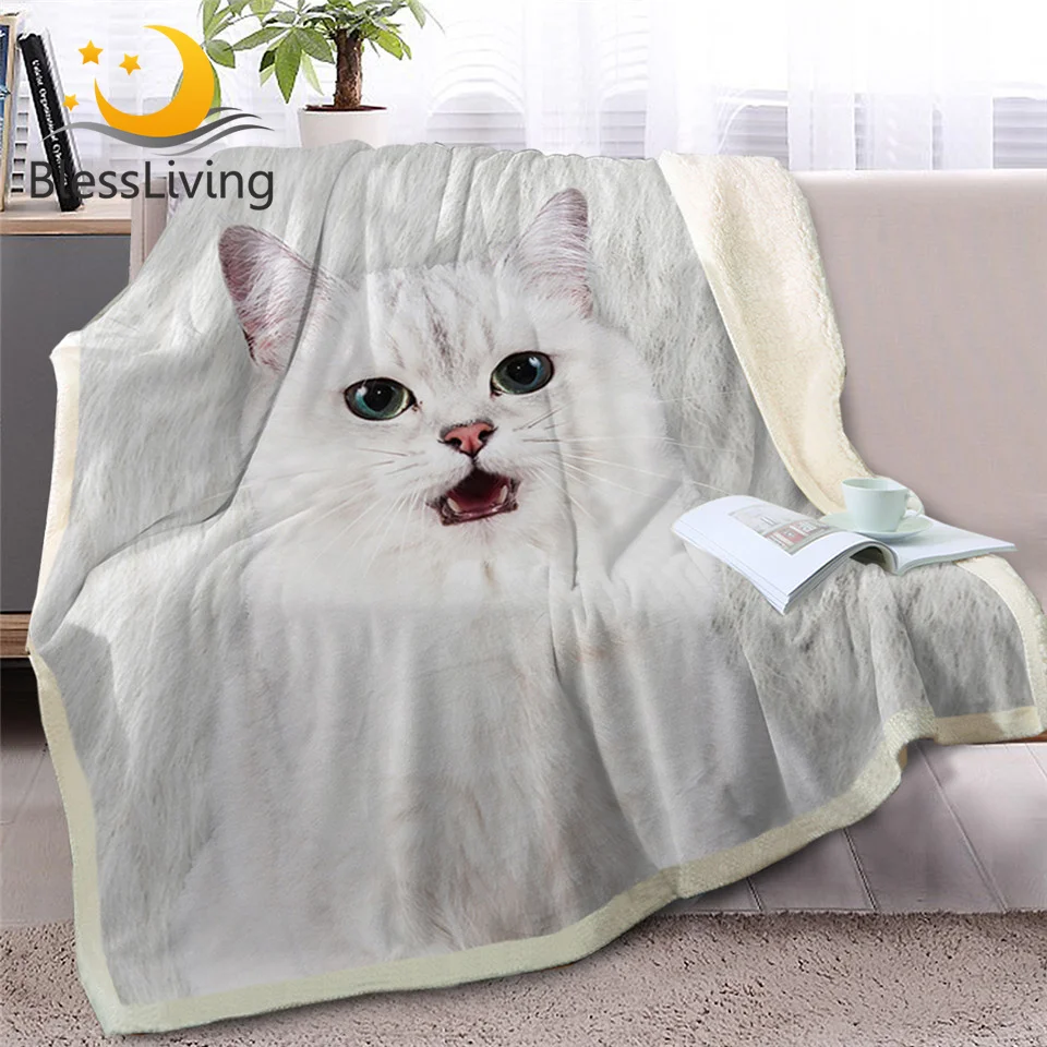 

BlessLiving White Cat Manx Throw Blanket on Bed Sofa Animal Sherpa Blanket 3D Print Kids Bedspreads Fur Plush manta 130x150cm