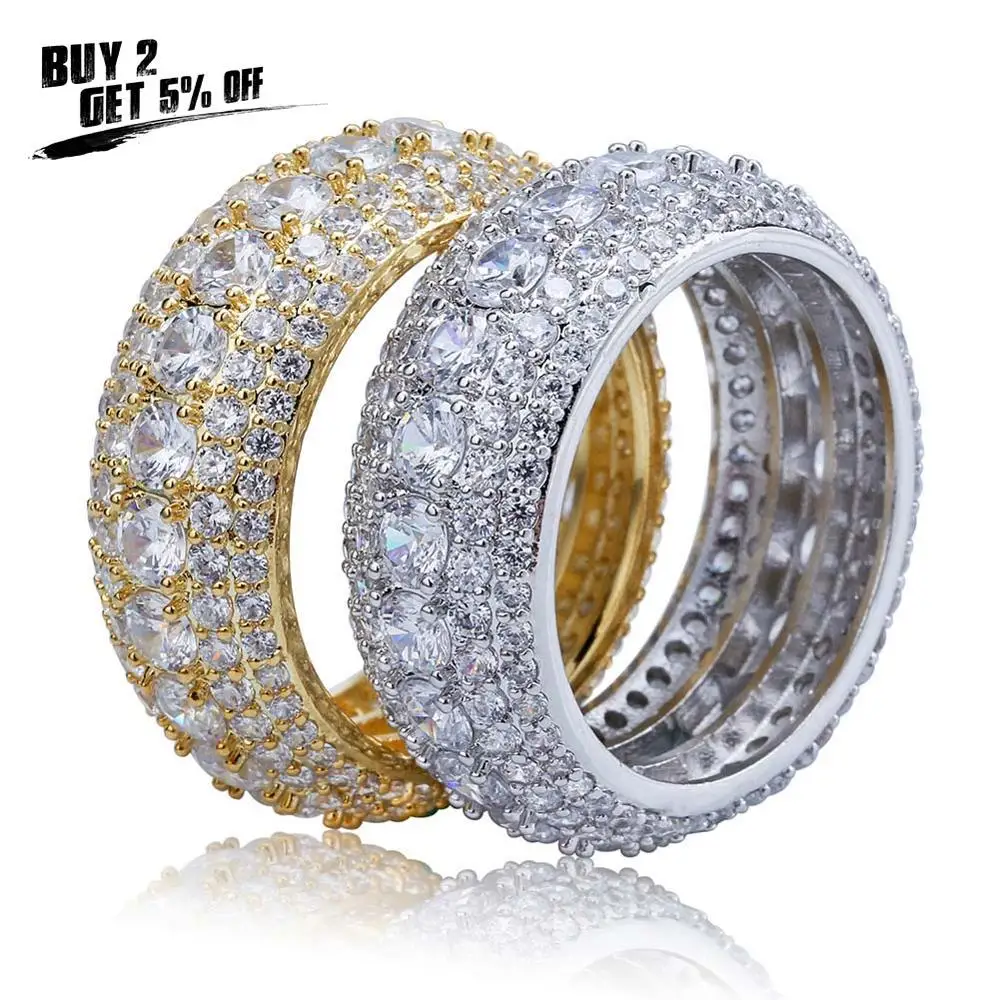 Jinao New  Hip Hop 5 Rows Luxury Cubic Zircons  Rings Fashion Classic Punk Males Finger Rings Size 7-11