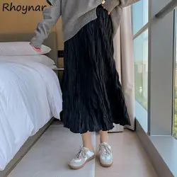 Skirts Women Solid Design Midi All-match Folds Korean Style Leisure High Waist Daily Female Newest Irregular Elegant Cozy Faldas