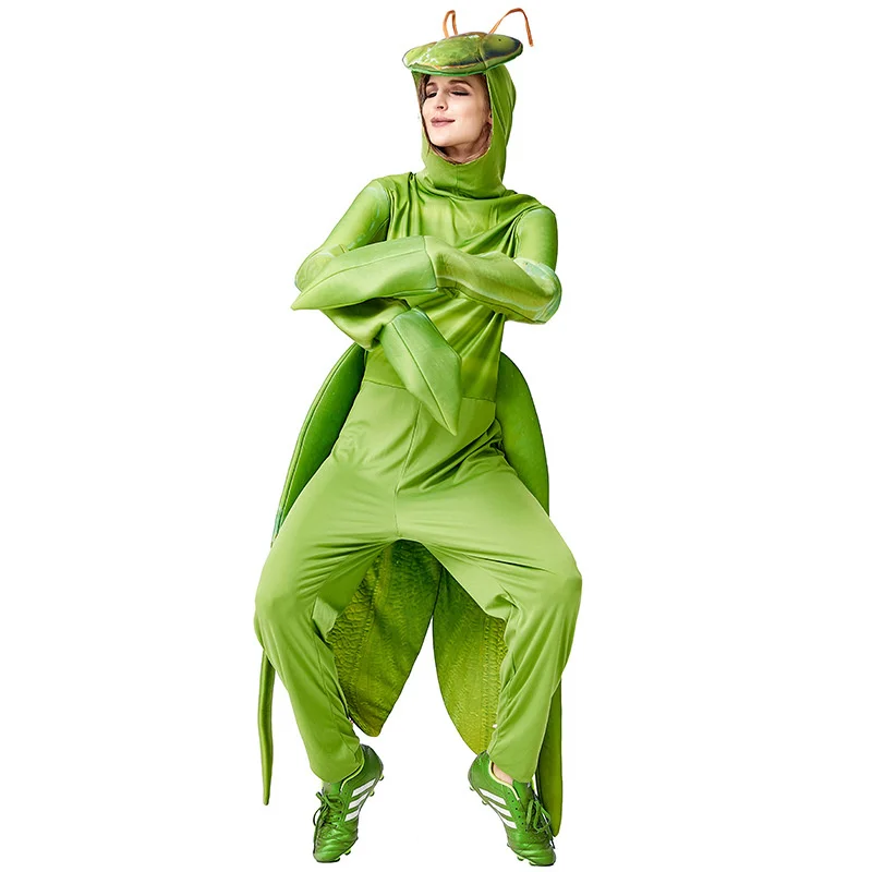 ผู้ชายผู้หญิง Cosplay สีเขียว Praying Mantis ชุดสวนสนุกสวนสัตว์เหมือนจริงแมลง Jumpsuit Halloween Fantasia Purim Costumes