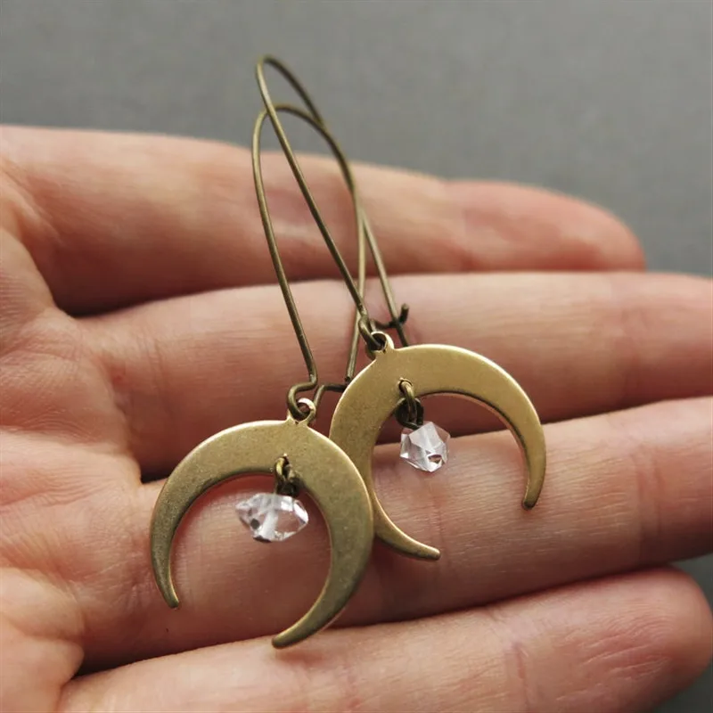 Crescent Moon Earrings Moon Phase Raw Crystal Clear Quartz Celest celestial jewelry Fashion witch Witch magic pendant women gift