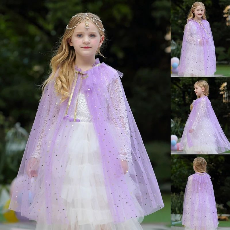 Kids Girl Fairy Cape Princess Candy Color Glitter Star Sequins Cloak Tulle Shawl NEW