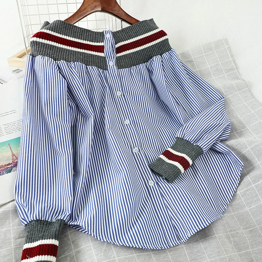 Long Sleeve Lantern Sleeve Shirt Woman Tops Spring Autumn Women's Patchwork Shirts Striped Navy Style Loose Retro Shirt