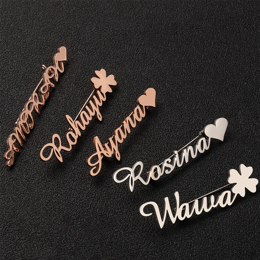 Tangula Personalized Custom Women Name Brooch Stainless Steel Nameplate Lapel Badges Fashion Temperament Jewelry Best Gifts