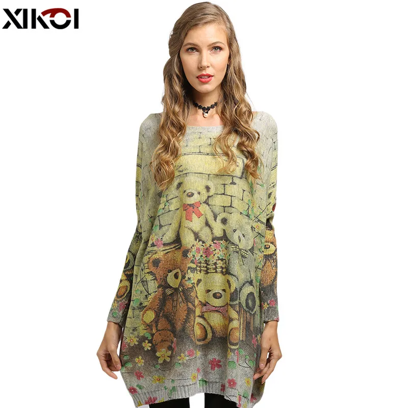 XIKOI-suéter de punto con estampado de oso de peluche para mujer, vestidos de gran tamaño, Jersey largo, sin mangas de murciélago, otoño e invierno, nuevo