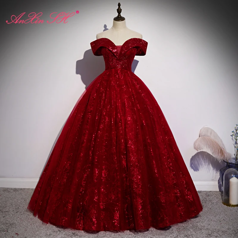 

AnXin SH princess wine red sparkly lace boat neck sleeveless ball gown stage party lace up ball gown customized evening dress