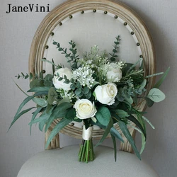 JaneVini Vintage Europäischen Weiß Hochzeit Bouquets Handmade Silk Rosen Grün Eukalyptus Blatt Boho Braut Brautjungfer Blume Bouquet