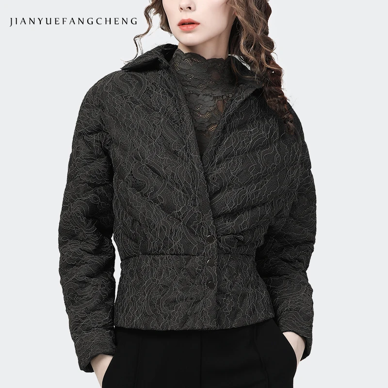 Imagem -05 - Mulheres Tecido de Renda Casual Jaqueta para Baixo Inverno Quente Leve Pato Branco para Baixo Acolchoado Puffer Cabolsa Moda Bat Manga Jaquetas