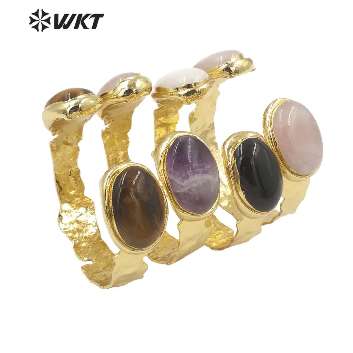 WT-B591 Popular Cuff Bracelet Luxury Women Tigers Eye Stone Amethysts Black Obsidian Pink Quartz Simple Bangles With Gold Plated