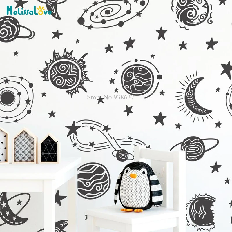 

82 pcs/set Space Wall Decal Galaxy Planet Star Modern Vinyl Decal Set Bedroom Playroom Decor Removable Wall Sticker BB694