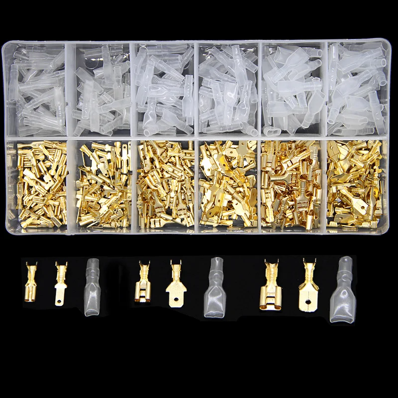 450PCS Assortment Crimp Terminal Connector 2.8/4.8/6.3mm Gold Brass Car Speaker Electric Wire Connectors Set 22-16 AWG