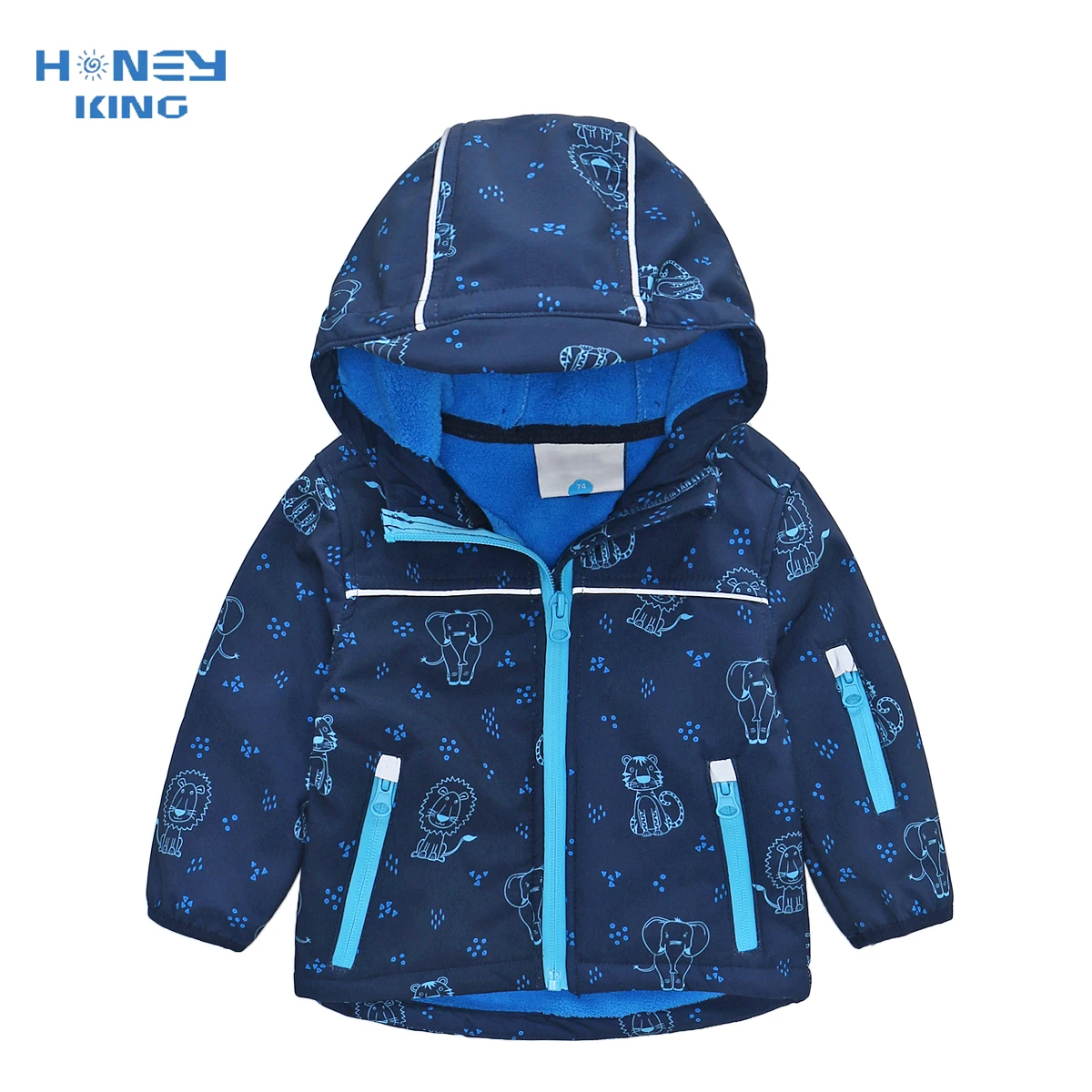 HONEYKING Spring Autumn Children's Warm Softshell Fleece Jacket Boys Cartoon Waterproof Hooded Plus Velvet Coat Baby Clothes