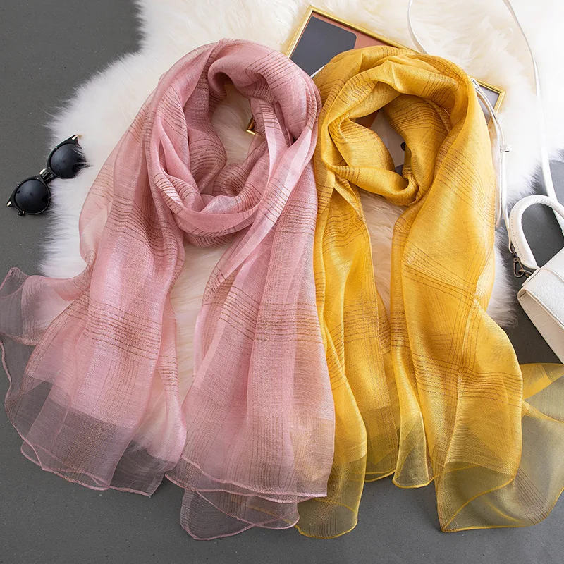 2024 New Women Silk Wool Scarf plaid Hijab Foulard Pashmina Beach Stoles Bandana Embroider Lady Long Shawls and Wraps Headband