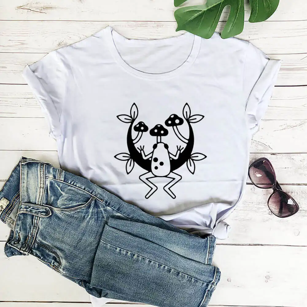 

Frog Mushroom Graphic Print 100%Cotton Women Tshirt Nature Shirt New Arrvial Summer Casual Short Sleeve Top Eco Life Tee