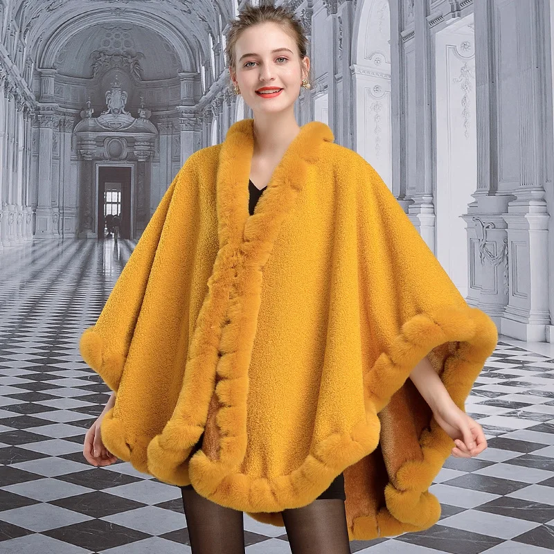 Women Casual Loose Cape Faux Fur Collar Cardigan Shawl Overcoat Winter Warm Thick Cloak Granular Velvet Big Pendulum Poncho