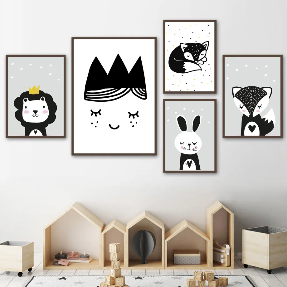 Wall Art Canvas Painting Fox Rabbit Lion Girl Princess Black White Cartoon Nordic Posters And Prints Wall Pictures For Kids Room