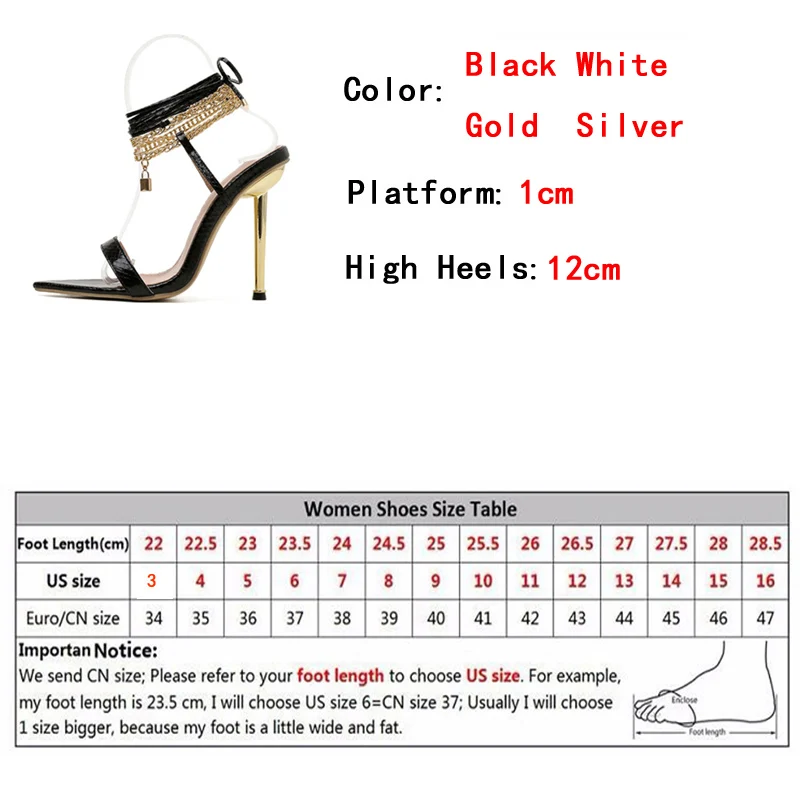 Women\'s Sandals High Heels 12CM New Chain Ankle Strap Gold White Pointed Toe Female Party Shoes Sandalias de mujer Size 35-42