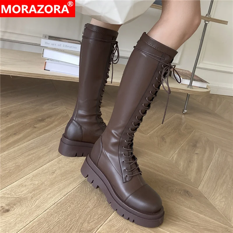 MORAZORA Plus Size 34-43 New Women Boots Lace Up Knee High Boots Thick Fur Platform Winter Snow Boots Chunky Ladies Shoes