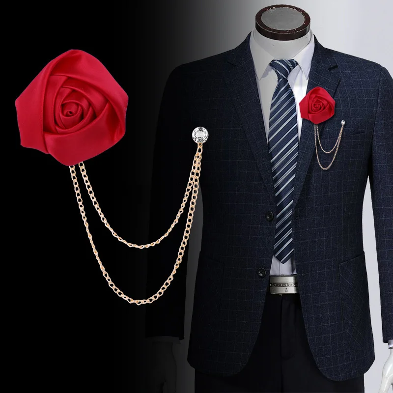 New Fashion Metal Rhinestone Crystal Brooch Men's Suit Shirt Collar Pin Artificial Silk Plastic Rose Flowers Corsage Brooches