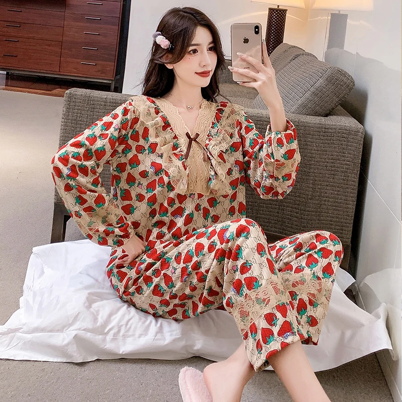 2PCS Baumwolle Pyjamas Set Frauen 2021 Spitze Leopard Plaid Langarm Top Hosen Pyjamas Partei Zwei-stück Anzug pejamas Lounge Tragen