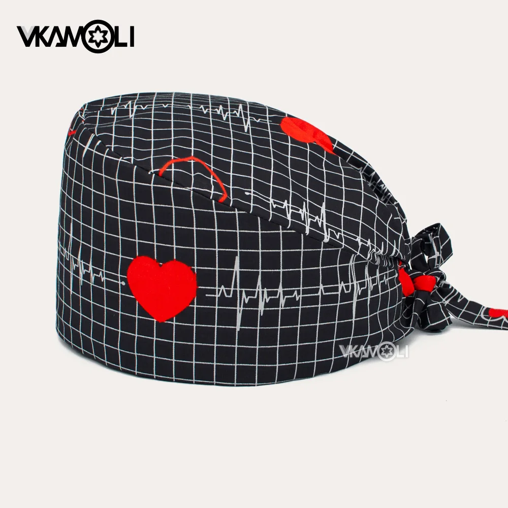 Battito cardiaco stampa con motivo a cuore Scrub cappello assorbente dal sudore negozio di animali cappello da lavoro da laboratorio salone di bellezza carino unisex Scrub Cap