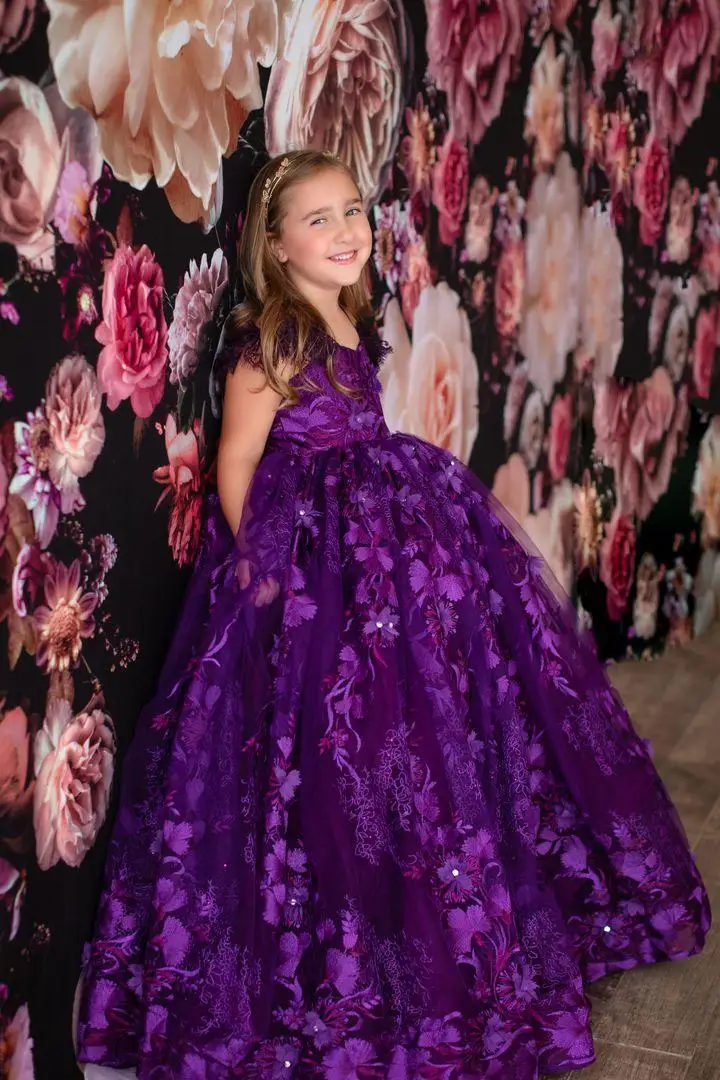 2021 lila Mädchen Pageant Kleider Spitze Appliques Perlen Mädchen Geburtstag Party Kleider Nach Maß Blumen Mädchen Kleid