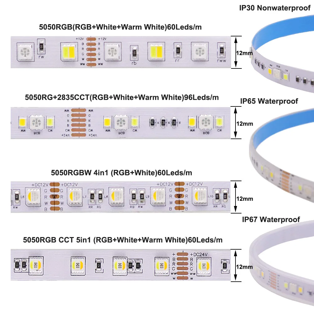 5050 2835 ledストリップrgb cct 5 coiorsで1 rgbw 4色で1 rgbw + ww + cct fiexibieテープiight IP30 IP65 IP67防水12/24v